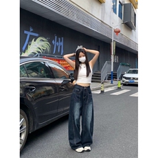 美式复古高腰弯刀牛仔裤春季新款高街设计感宽松显瘦阔腿拖地裤，男装牛仔裤，四季星座505
