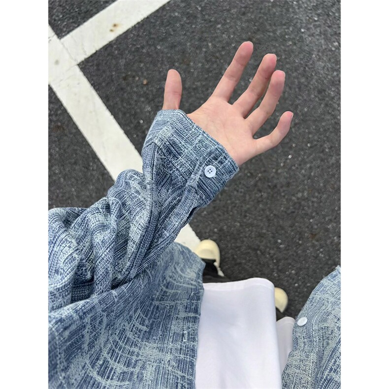 蓝色提花衬衫男款长袖春秋季2025新款美式设计感痞帅青少年外套衫,男装夹克,电商A007
