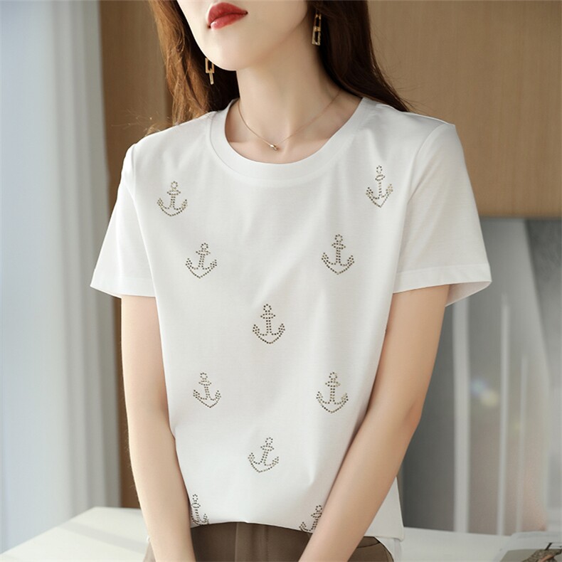 高支高密丝光棉t恤女25夏季新款烫钻短袖100纯棉修身显瘦上衣体恤，女装T恤，元素羊绒