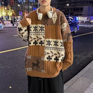 冬季圆领加绒加厚毛衣男潮流保暖拼色休闲长袖宽松时尚针织衫图片