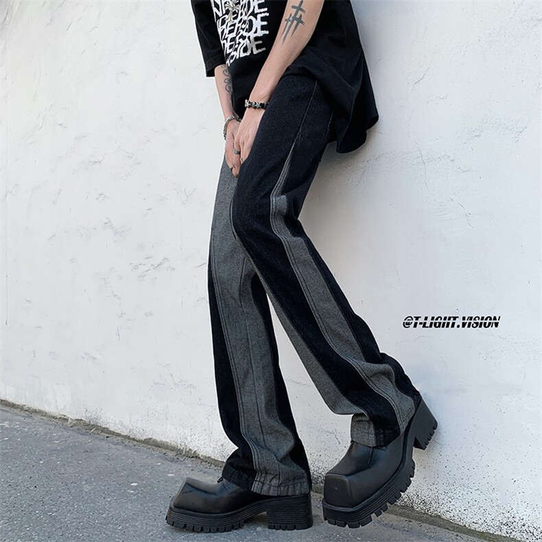 B221美式ins高街小众情侣个性款拼接微喇牛仔裤LK23095-P65控88,男装牛仔裤,电商B221