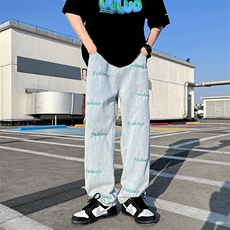 美式vibe裤子男高街ins潮牌浅色牛仔裤直筒春夏阔腿裤N01229-P43，男装牛仔裤，星座308B-1
