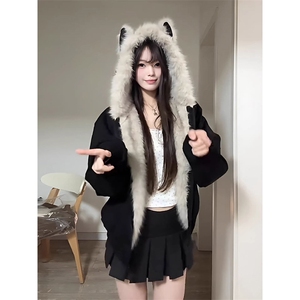 现货重磅硬挺boxy羽绒棉衣座山雕猫耳大毛毛领麂皮棉服冬外套图片