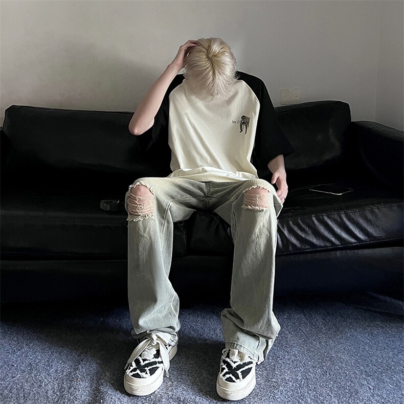 B221美式ins高街暗黑小众拉链破洞牛仔裤LK23076-P65控88,男装牛仔裤,电商B221