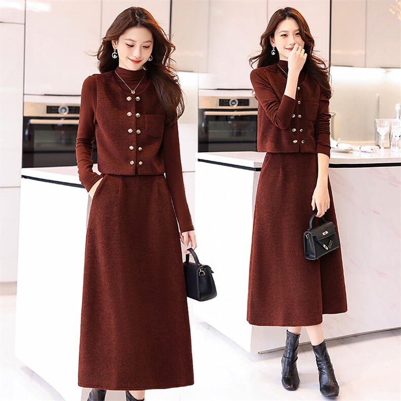 套装女春季大码杭派高领长袖打底衫双排扣马甲半身裙优雅三件套，女装套装/套裙，艾贝斯