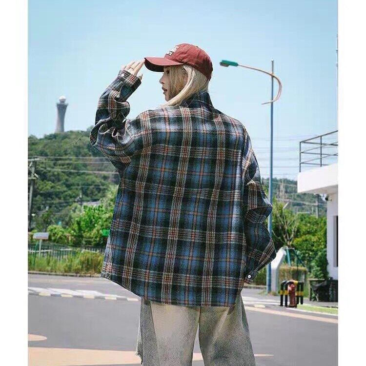 蓝色格子衬衫男女高级感痞帅春秋季美式复古外套小众情侣长袖衬衣,男装衬衫,星座1210-1
