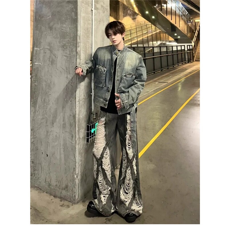 水洗垫肩重工解构短款牛仔夹克男女新款炸街复古做旧立领做旧上衣,男装夹克,星座506A