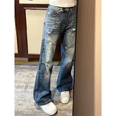 美式直筒微喇叭破洞牛仔裤男女水洗cleanfit休闲裤潮WL31533-p48，男装休闲裤，星座1008
