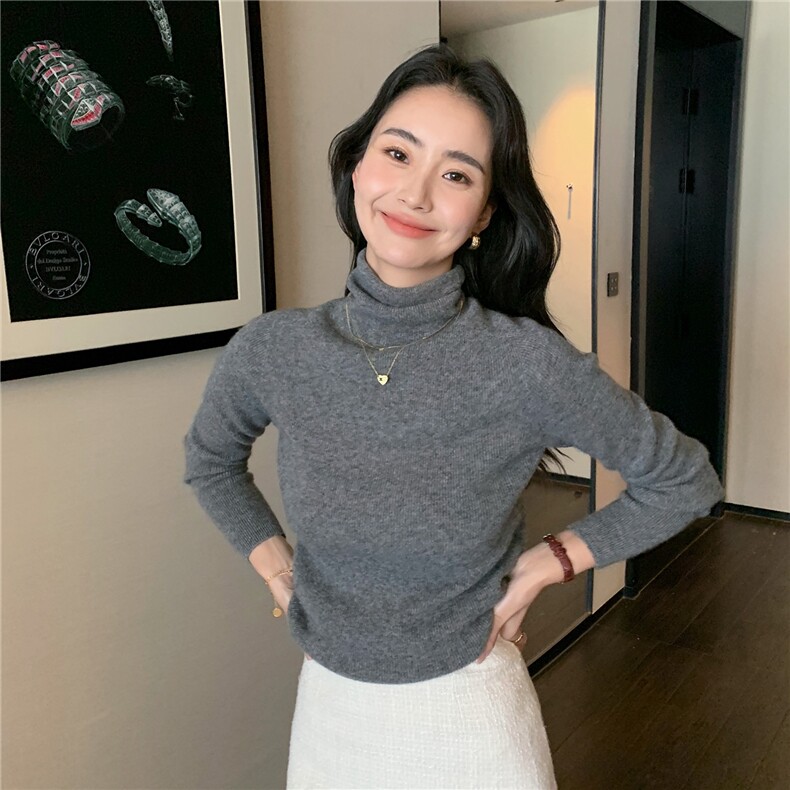 2025秋冬百搭时尚简约堆堆领打底衫紧身修身打底衫,女装羊绒衫,玛卡隆羊绒