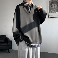 现货WY10109-特批40加绒特p48撞色拼接假两件衬衫领男大码卫衣，男装衬衫，电商A059