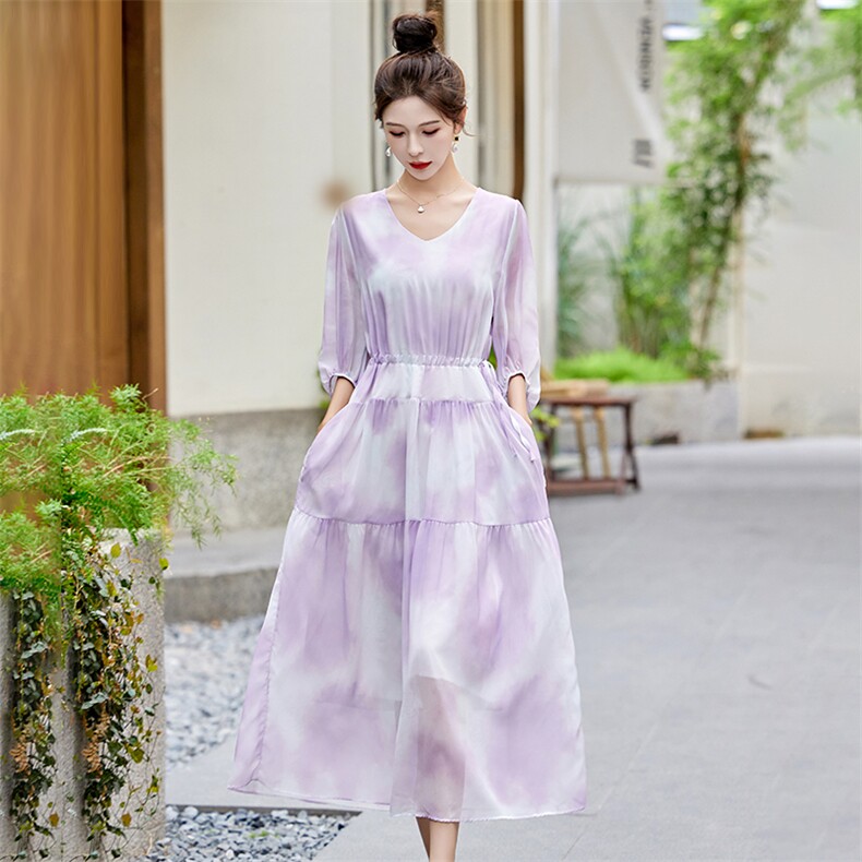 轻奢真丝乔其印花连衣裙女V领气质优雅中年妈妈系带显瘦桑蚕丝裙,女装连衣裙,韩美纤衣