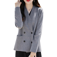 复古精纺羊毛衫针织外套女V领西装长袖开衫宽松带兜气质外搭毛衣，女装西装，暖烁羊绒