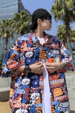 夏季冰丝新款男士宽松港风卡通满印短袖T恤衬衫A071-C33-P38，男装T恤，电商A071