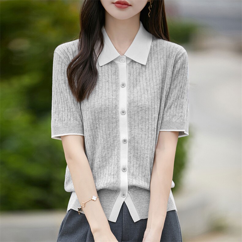 限时优惠柔软拼色短袖针织开衫2025新款POLO领正肩女宽松大码上衣,针织衫/毛衣,暖烁羊绒