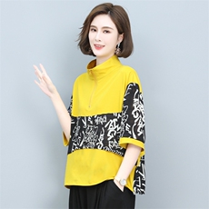 (新品)2025年夏季丝T恤接拼衬衫女印花中老年妈装三年不下架，女装套装/套裙，璐依舞