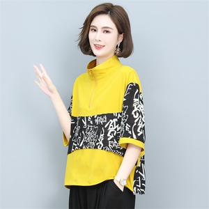 (新品)2025年夏季丝T恤接拼衬衫女印花中老年妈装三年不下架图片