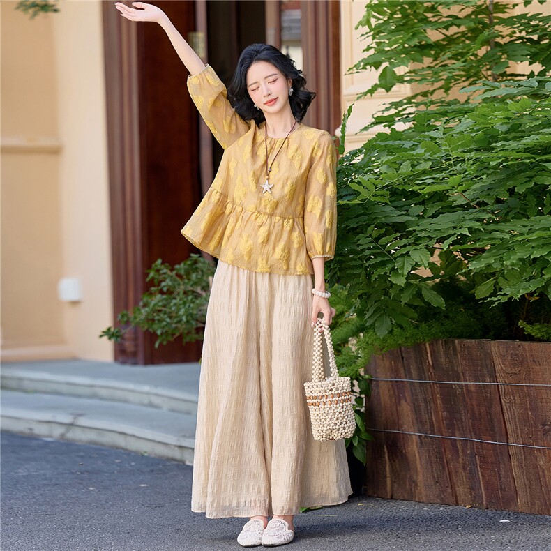 夏新款圆领绣花宽松小衫裙裤优雅气质套装女,女装套装/套裙,水衣源