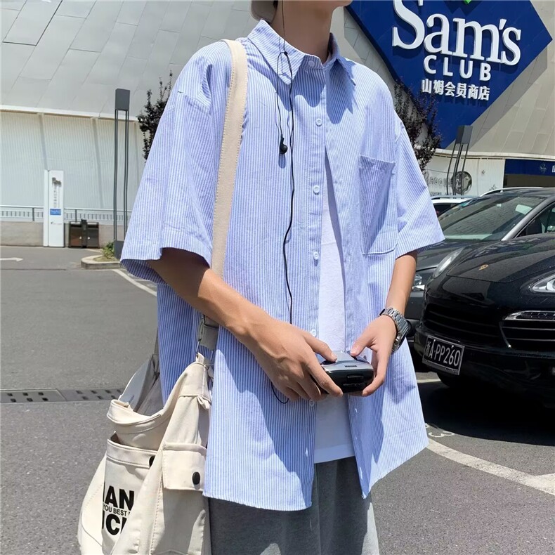 夏季薄款青少年条纹短袖衬衫男士港风休闲衬衣潮牌韩版外套CS003,男装T恤,星座516A