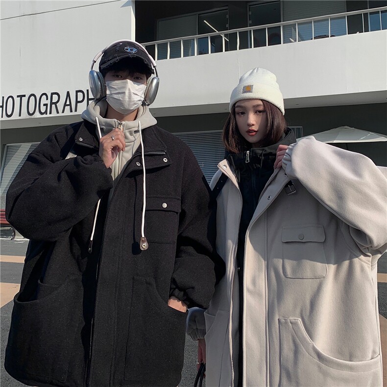 EQ158冬季连帽纯色呢料外套2024新款情侣装加厚毛呢大衣男，男装毛呢大衣，电商C306-1