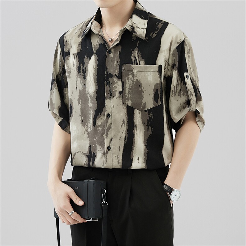 轻松风宽松冰丝垂感衬衫男度假风短袖复古花衬衣A236--P50,男装衬衫,电商A236
