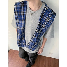 TXG28LL-特P50cleanfit美式复古拼接格子连帽短袖t恤高级感痞帅，男装T恤，星座1007（原301D）