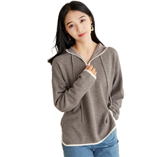 秋冬新款连帽针织卫衣女羊毛宽松半拉链帽衫洋气外穿拼色套头毛衣，女装羊毛衫，悦玛羊绒