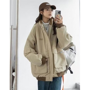 外套女春秋2025新款宽松抽绳收腰显瘦中长款连帽冲锋衣 J8028图片