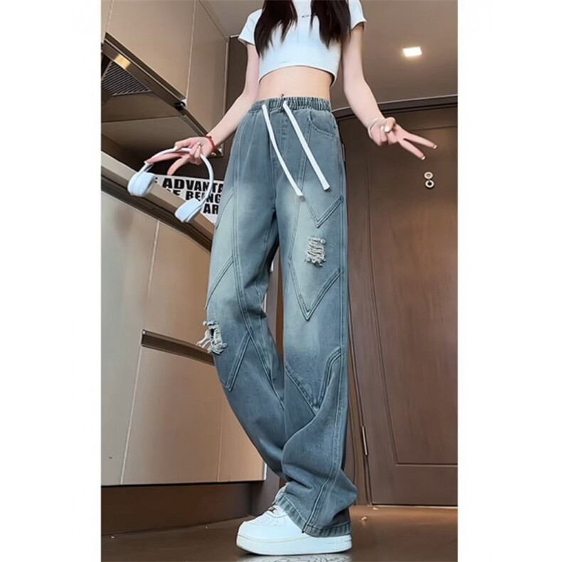 潮流直筒解构破洞牛仔裤女高街夏天薄款老爹长裤子 NC7042图片