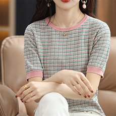 时尚拼色短袖针织衫修身显瘦圆领毛衣百搭气质女装上衣，女装针织衫/毛衣，凝珊羊绒