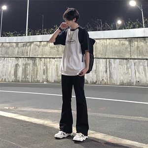 美式hiphop裤子高街vibe弹力黑色牛仔裤修身直筒微喇叭痞帅工装裤图片