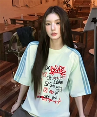 抖音得物品质二开240克宽松纯棉美式潮牌印花三条杠中性风短袖T恤，男装T恤，电商A486