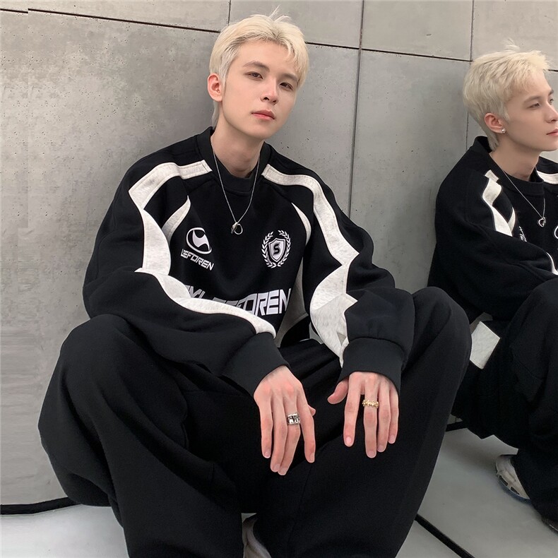 条纹拼接撞色卫衣男春秋季新款美式青少年vibe风圆领上衣W85-P68,男装卫衣,电商C307