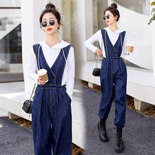 时尚显瘦牛仔背带连体裤女宽松高腰减龄休闲长裤百搭学生工装裤，女装连体裤，秋水欣儿