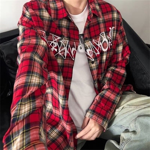 格子衬衫男长袖韩版潮流2025春季字母刺绣高街帅ins外套CY315-P36图片
