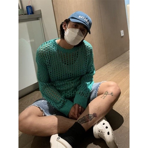 镂空针织卫衣男高级感透视宽松长袖t恤慵懒风防晒罩衫外套 MZ76图片