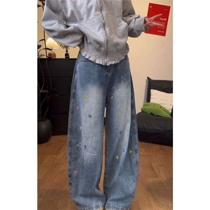 街头个性星星阔腿牛仔裤女春秋新款显高学院风宽松拖地牛仔裤网图图片