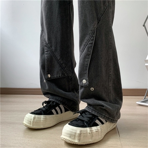 美式风裤子高街水洗黄泥牛仔裤排扣开叉修身微喇直筒裤N01685-P50图片
