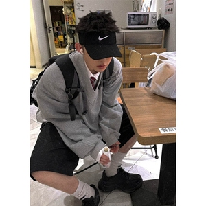 灰色简约基础款v领卫衣男生学院风宽松百搭休闲套头上衣 W111图片