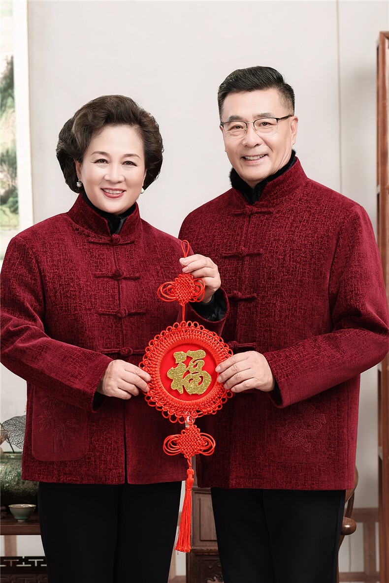 主推情侣毛领加绒中老年唐装外套爸爸妈妈喜庆生日婚宴风外套,男装民族服装,钱塘723
