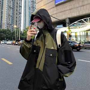 美式拼接立领连帽工装夹克男日系复古秋季防水冲锋衣外套LW15-P70图片