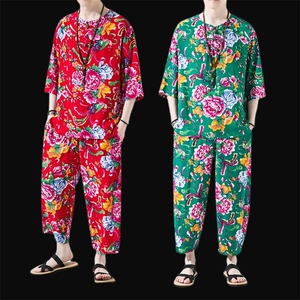 TZ340男女休闲半盘口七分袖风套装东北大花可睡衣运动汉服图片