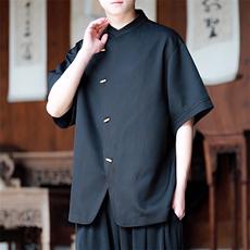 现货新中式大码立领男士纯色斜开门襟个性短袖衬衫T2522-P60控89，男装T恤，电商A021