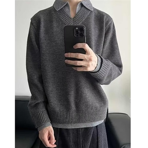 BX032百搭宽松慵懒风假两件撞色灰色翻领针织毛衣男INS图片