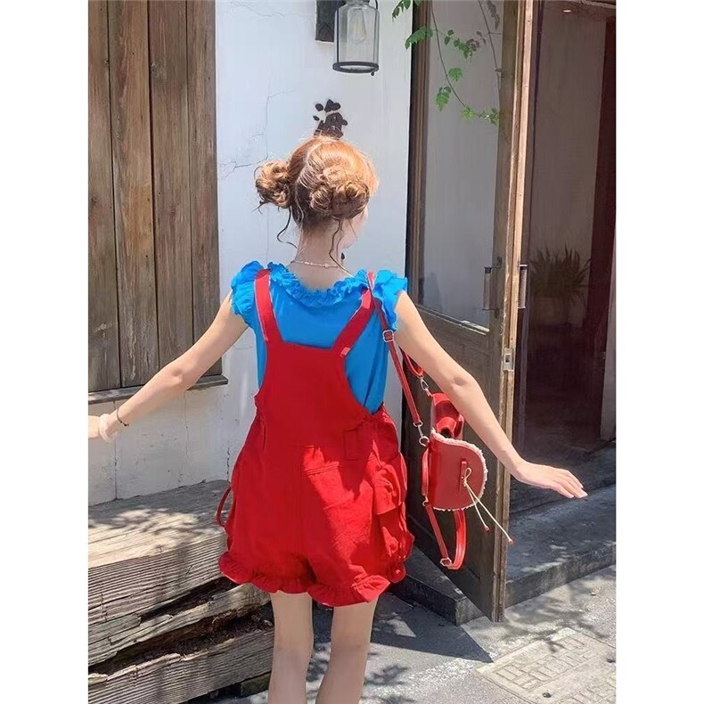 一整套日系可爱多巴胺蓝色木耳边上衣女夏季新款宽松显瘦背带裙,女装套装/套裙,星座1210-1