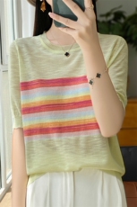 断码清竹节麻短袖女夏季圆领条纹拼色薄款半袖上衣2104，女装T恤，源达羊绒