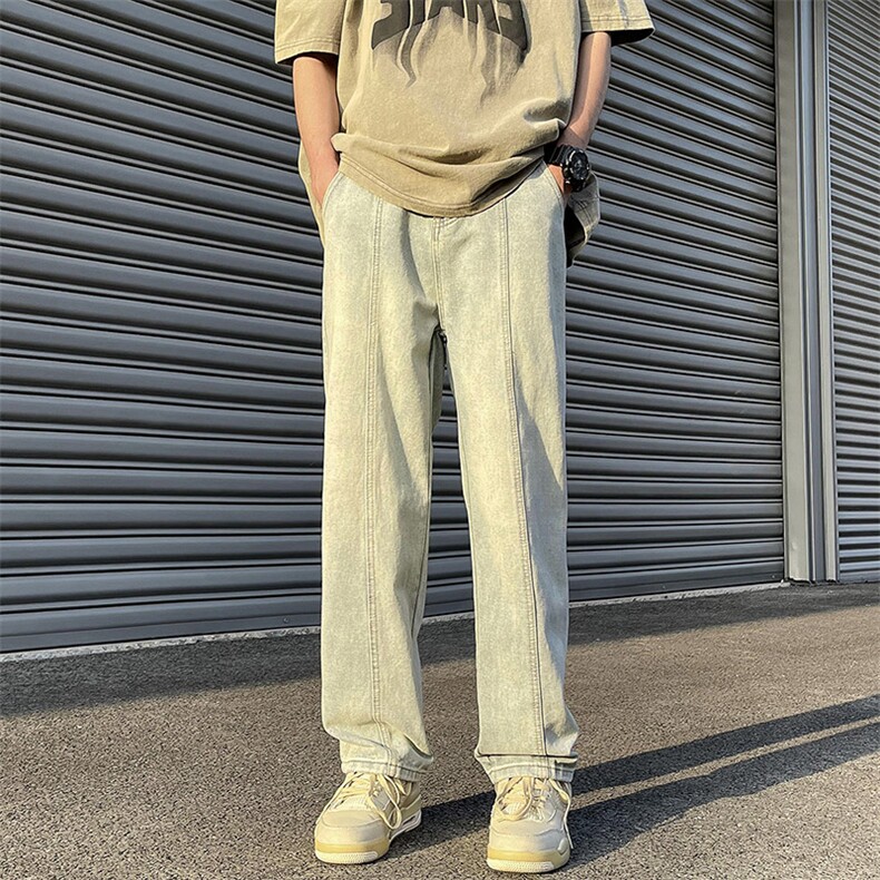 港风新款男士黄泥色牛仔裤潮牌高街裤子KN61P45,男装牛仔裤,电商D325
