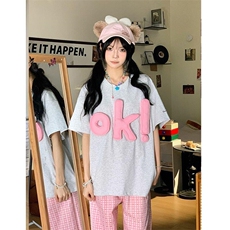 网图有货美式复古立体OK字母短袖T恤男女情侣宽松上衣A529-P38，男装T恤，星座1505