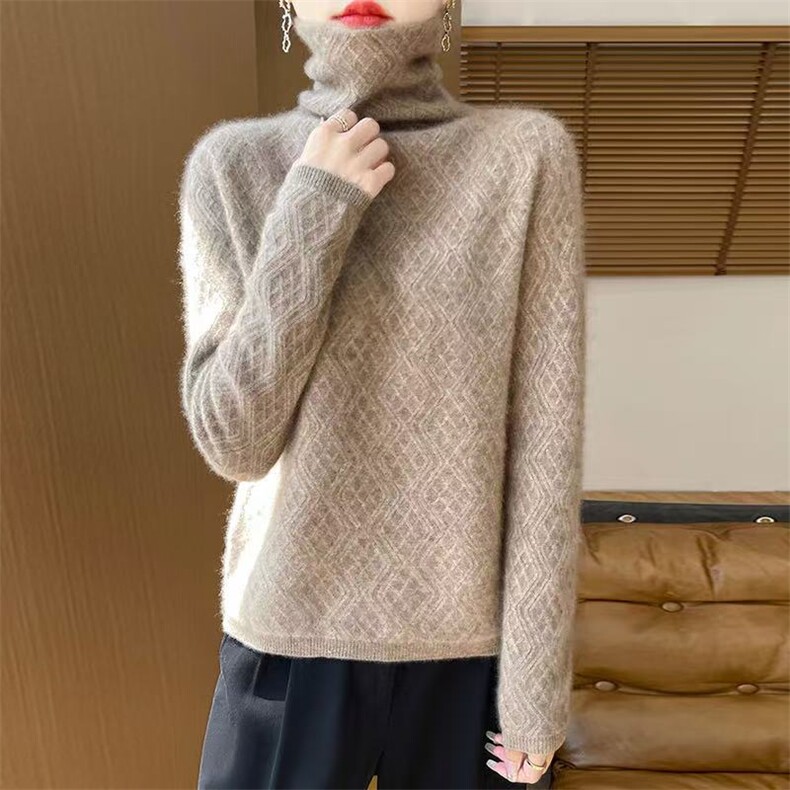 2025年秋季时尚百搭通勤简约休闲一线堆堆领菱形格，女装针织衫/毛衣，魅途羊绒