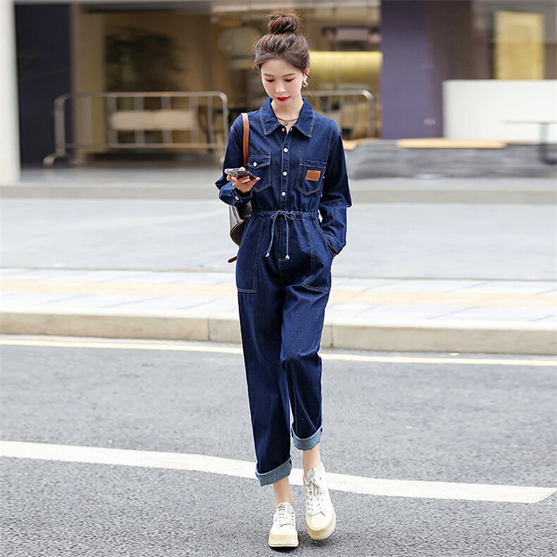 工装牛仔连体裤女2024年春秋季新款小个子时尚高腰显瘦连衣裤,女装连体裤,E百度