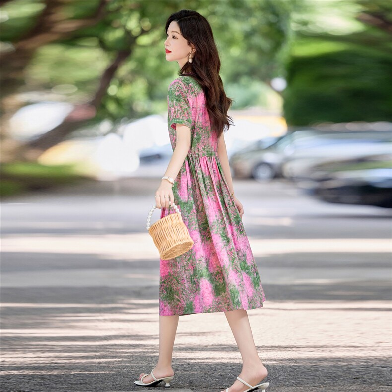温柔甜美印花棉麻短袖连衣裙女2026夏季薄款舒适系带收腰气质长裙,女装连衣裙,倪叶myz
